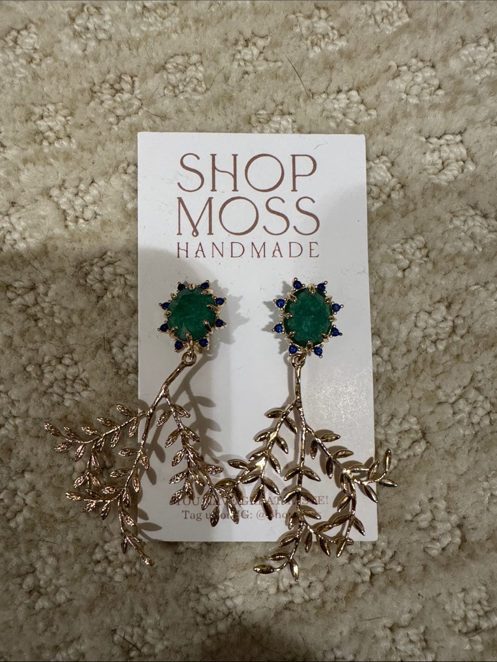 Green Stone with navy Gold Leaf Drop Earrings